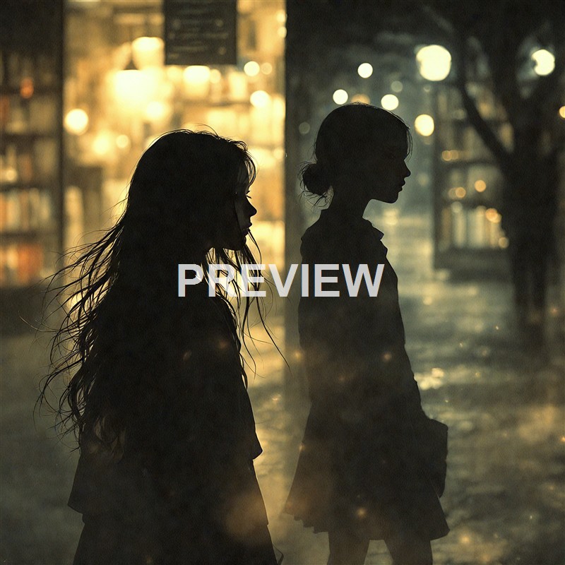Two silhouetted women stand side by side on a rainy street at night, with blurred lights and a store window in the background.